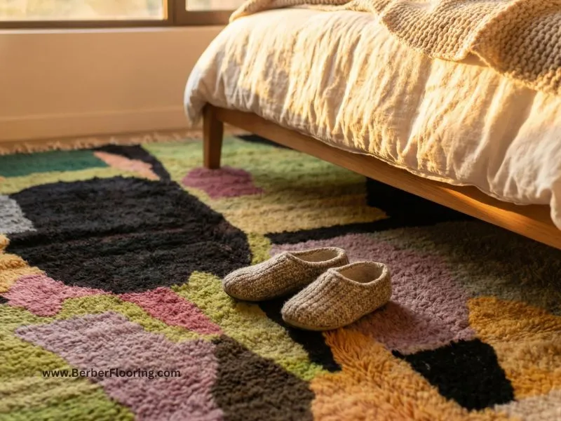 oft wool Berber rug in a cozy bedroom setting, providing warmth and sound insulation.