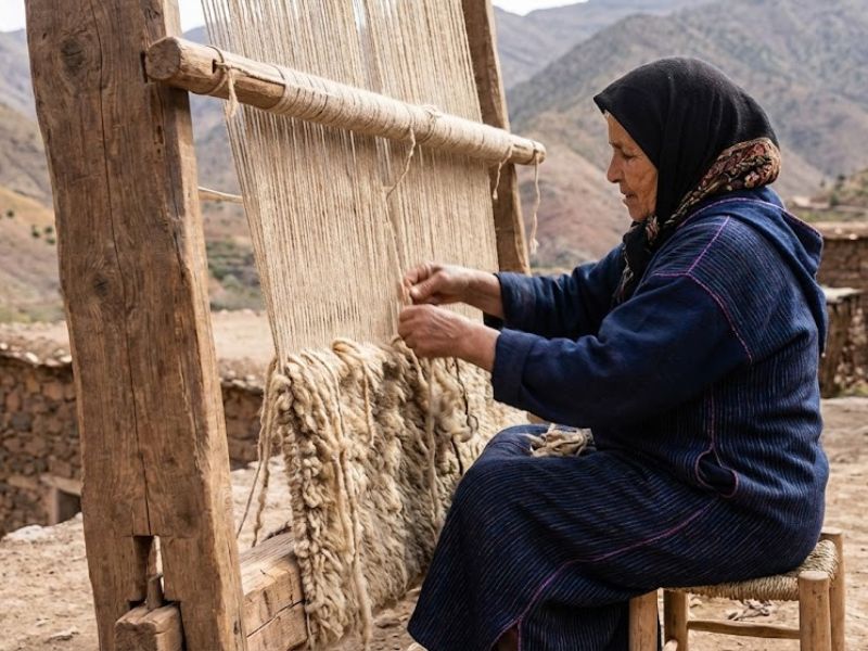 Berber woman weaving a traditional rug on a handloom in the Atlas Mountains.