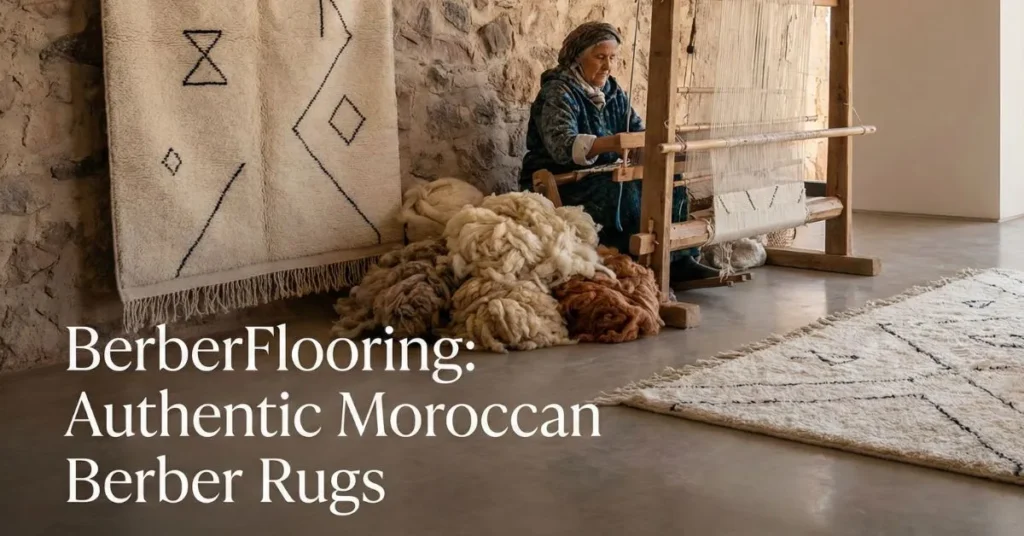 Authentic Moroccan Berber rug with geometric patterns in a modern room, featuring a traditional loom, natural wool, and High Atlas Mountain view.