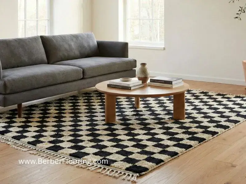 A bright modern living room showing a large black and white checkered rug with the front legs of a charcoal sofa resting on it