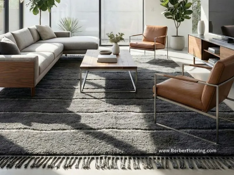 Modern living room with durable gray Berber carpet and contemporary furniture, showcasing sophisticated neutral floor tones.