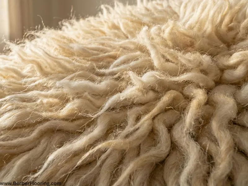 Macro view of premium 100% wool fibers in a handmade Berber rug showing thick texture and natural ivory color variations.