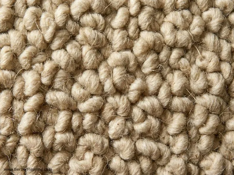 Extreme close-up view showing the tightly woven loop construction texture of a durable wool Berber carpet rug.