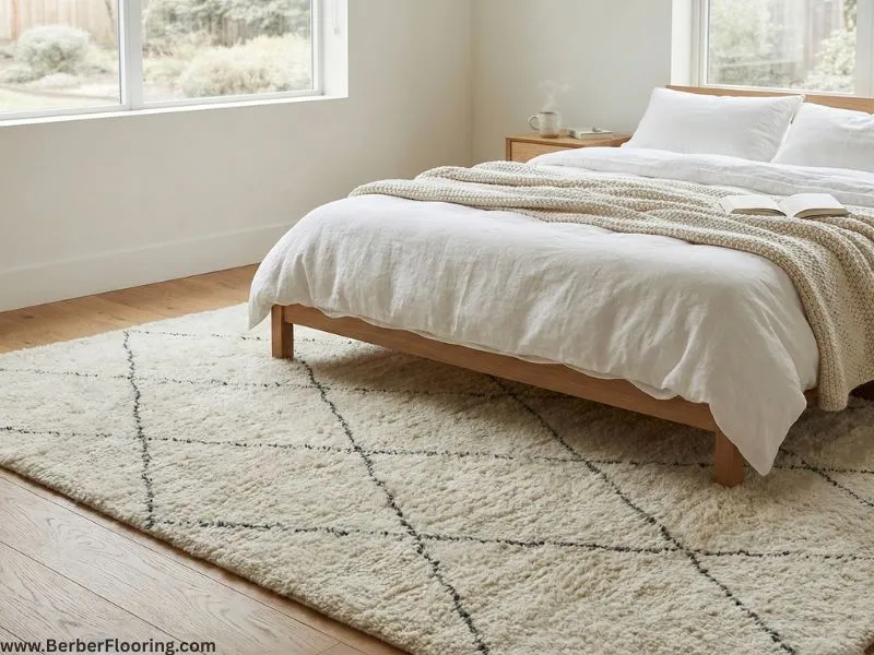 A soft, white wool Berber rug with geometric patterns placed under a bed