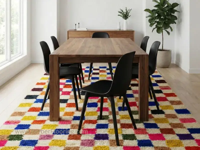 A dining area featuring a wooden table on a custom-sized Colorful checkered rug
